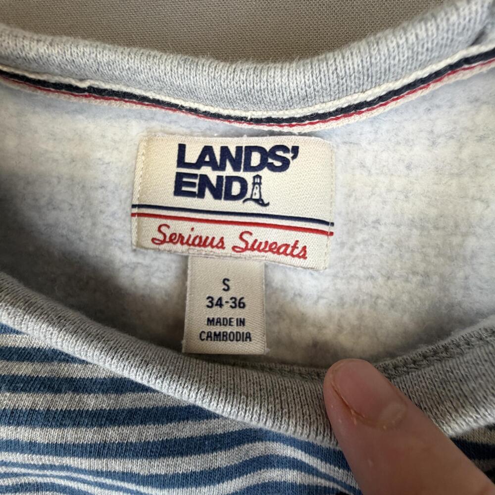 Lands' End Sweatshirt Mens Small Blue Striped Serious Sweats Pullover Fleece - Picture 2 of 11